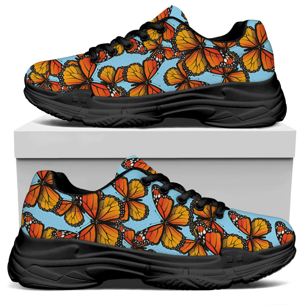 Orange Monarch Butterflies Pattern Print Black Chunky Shoes