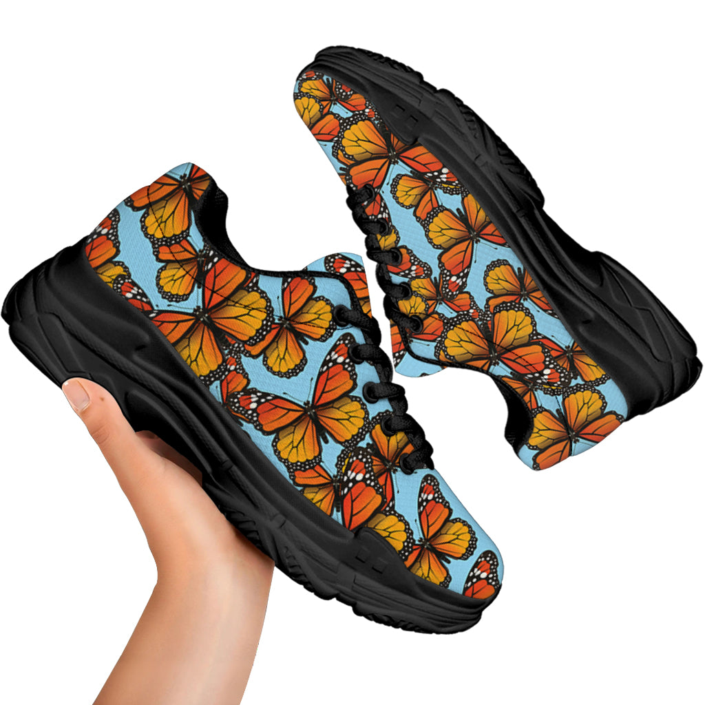 Orange Monarch Butterflies Pattern Print Black Chunky Shoes
