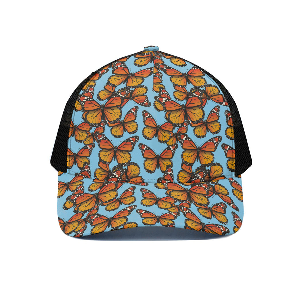 Orange Monarch Butterflies Pattern Print Black Mesh Trucker Cap