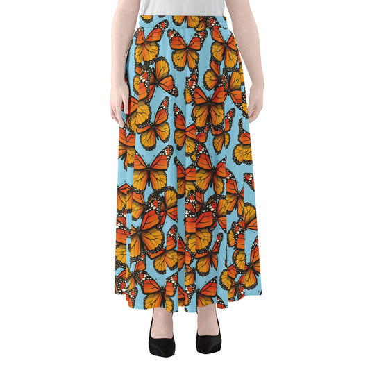 Orange Monarch Butterflies Pattern Print Chiffon Maxi Skirt