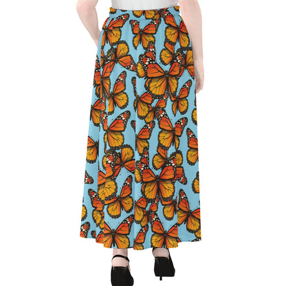 Orange Monarch Butterflies Pattern Print Chiffon Maxi Skirt
