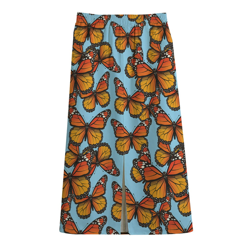Orange Monarch Butterflies Pattern Print Cotton Front Slit Maxi Skirt
