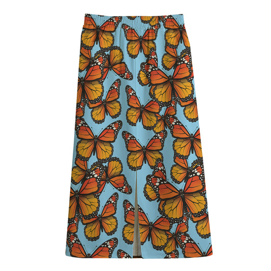 Orange Monarch Butterflies Pattern Print Cotton Front Slit Maxi Skirt