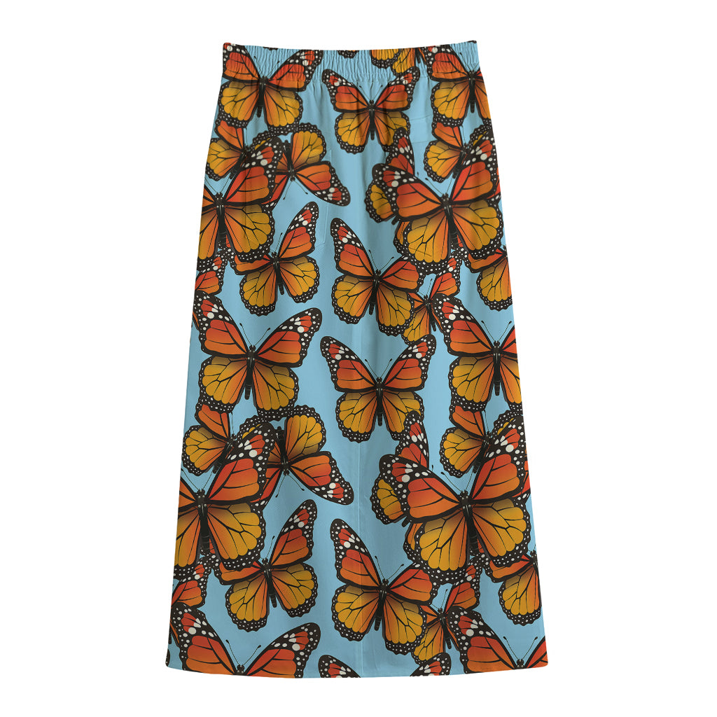 Orange Monarch Butterflies Pattern Print Cotton Front Slit Maxi Skirt
