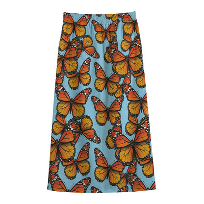 Orange Monarch Butterflies Pattern Print Cotton Front Slit Maxi Skirt