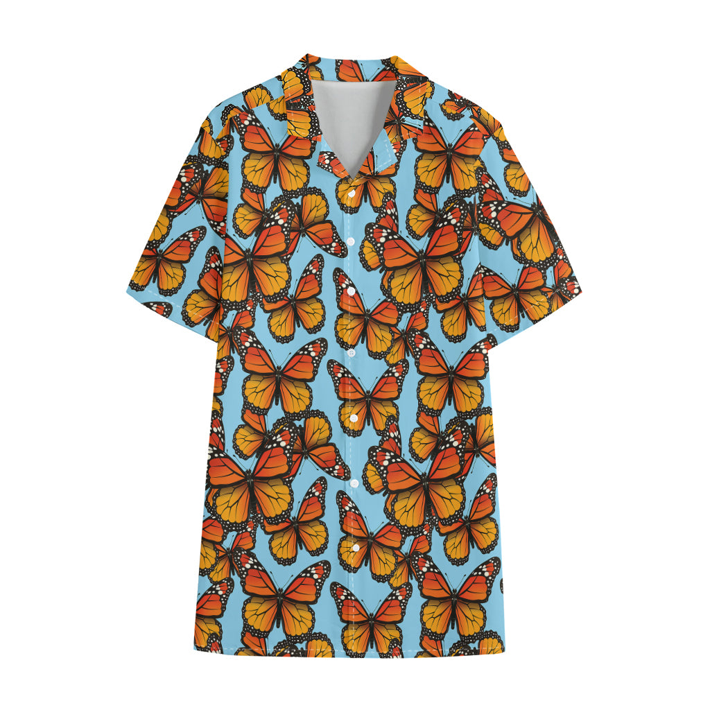 Orange Monarch Butterflies Pattern Print Cotton Hawaiian Shirt