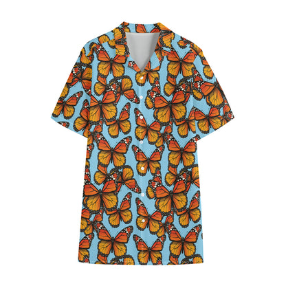 Orange Monarch Butterflies Pattern Print Cotton Hawaiian Shirt