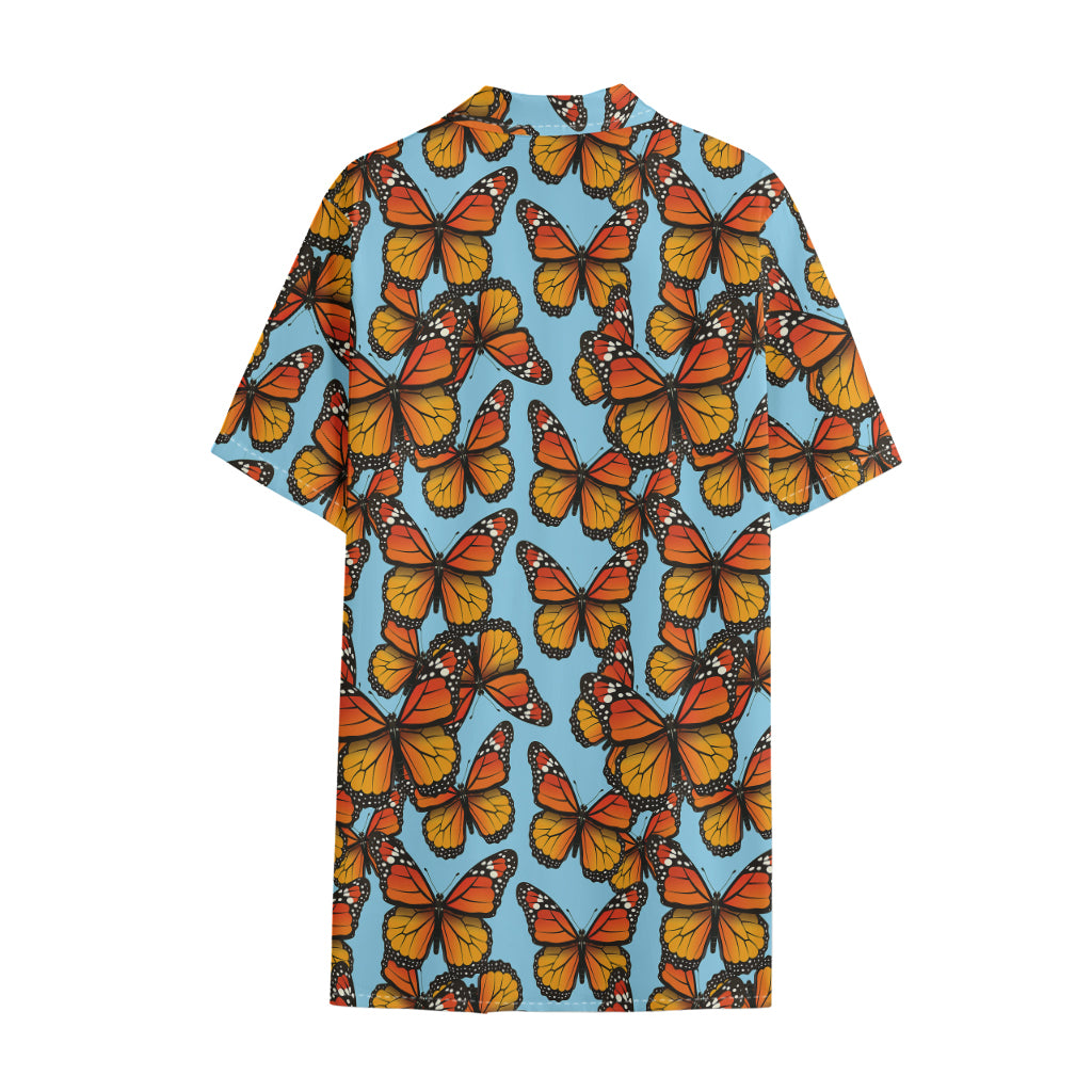 Orange Monarch Butterflies Pattern Print Cotton Hawaiian Shirt