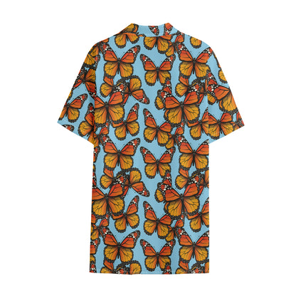 Orange Monarch Butterflies Pattern Print Cotton Hawaiian Shirt