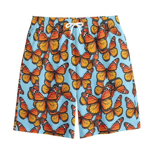 Orange Monarch Butterflies Pattern Print Cotton Shorts