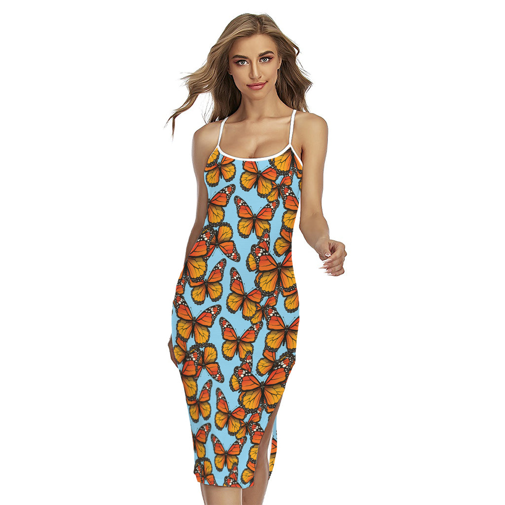 Orange Monarch Butterflies Pattern Print Cross Back Cami Dress