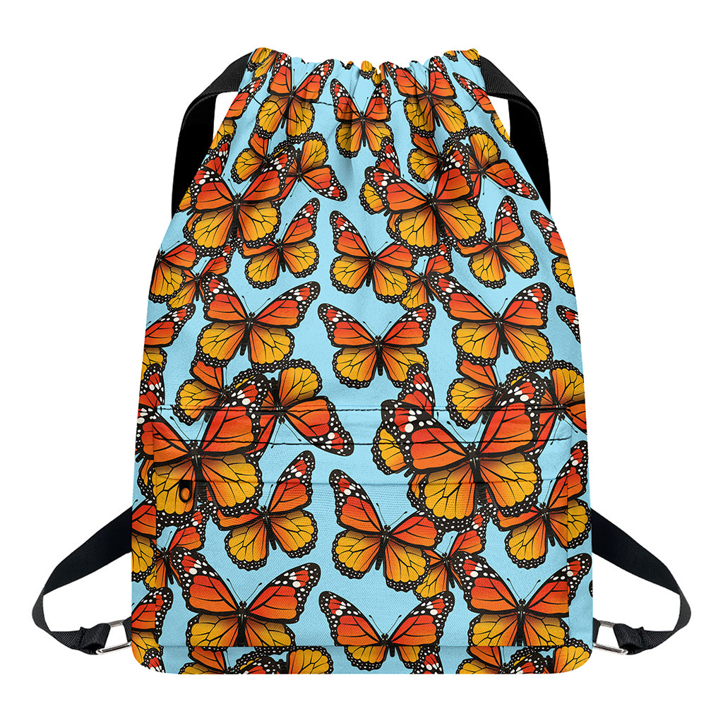 Orange Monarch Butterflies Pattern Print Drawstring Backpack