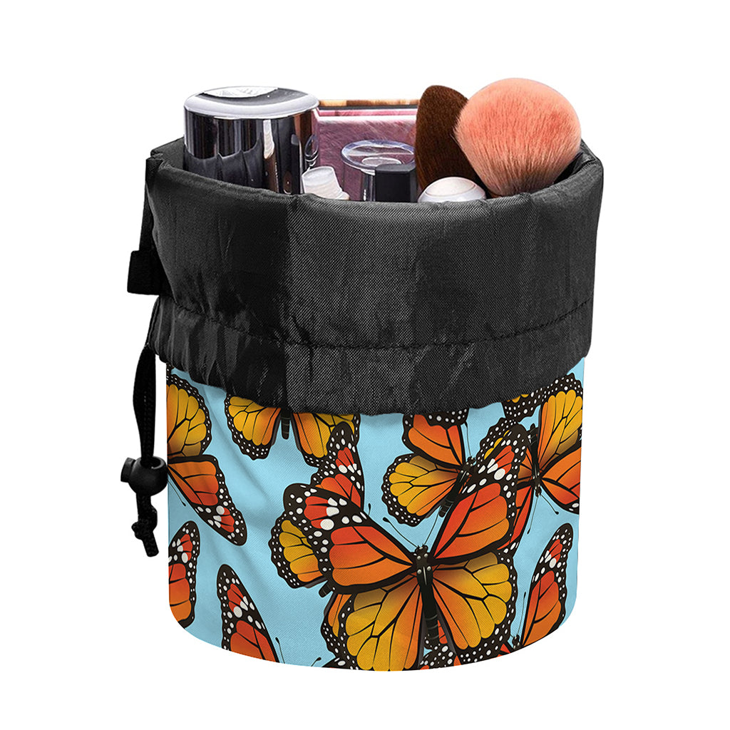 Orange Monarch Butterflies Pattern Print Drawstring Makeup Bag