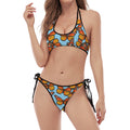 Orange Monarch Butterflies Pattern Print Halter Scoop Tie Side Bikini