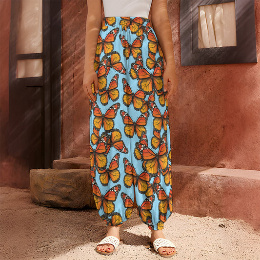 Orange Monarch Butterflies Pattern Print Harem Pants