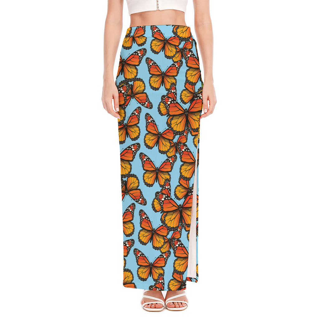 Orange Monarch Butterflies Pattern Print High Slit Maxi Skirt