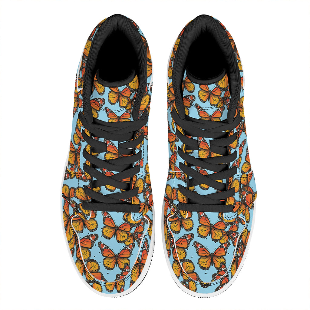Orange Monarch Butterflies Pattern Print High Top Leather Sneakers