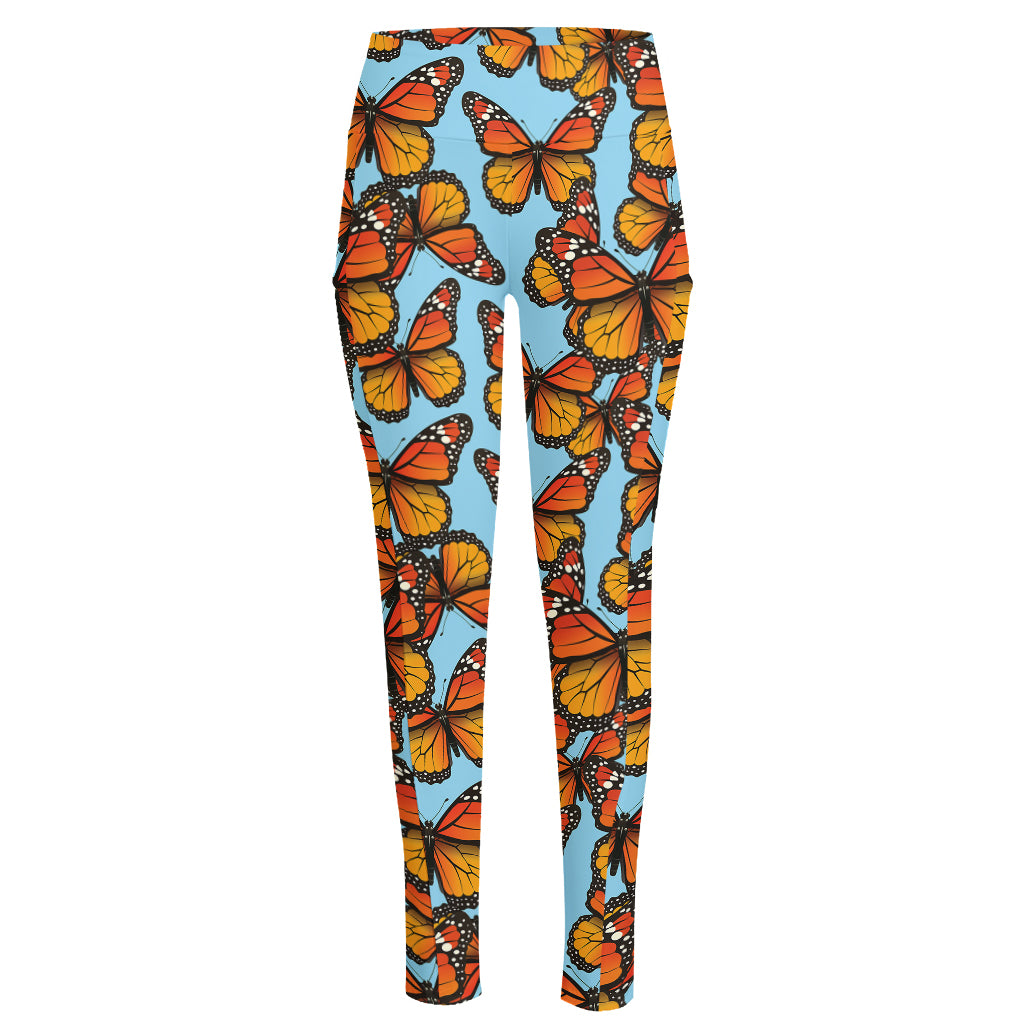 Orange Monarch Butterflies Pattern Print High-Waisted Pocket Leggings