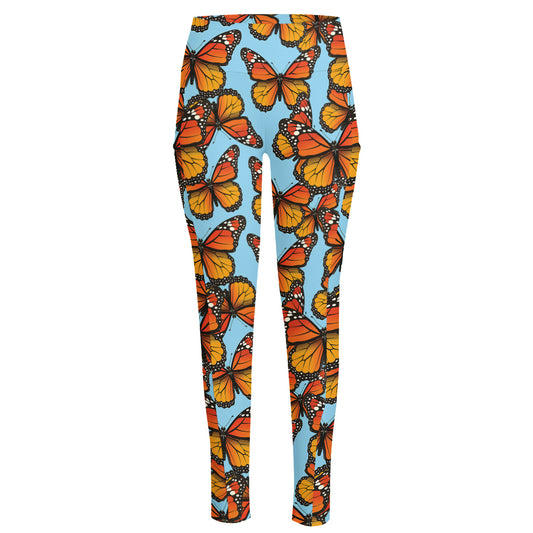 Orange Monarch Butterflies Pattern Print High-Waisted Pocket Leggings
