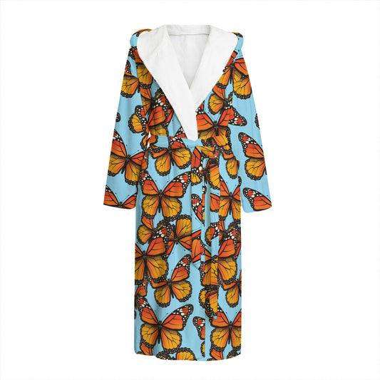 Orange Monarch Butterflies Pattern Print Hooded Bathrobe