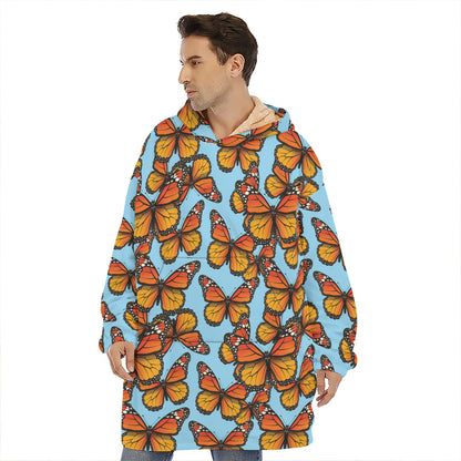 Orange Monarch Butterflies Pattern Print Hoodie Blanket