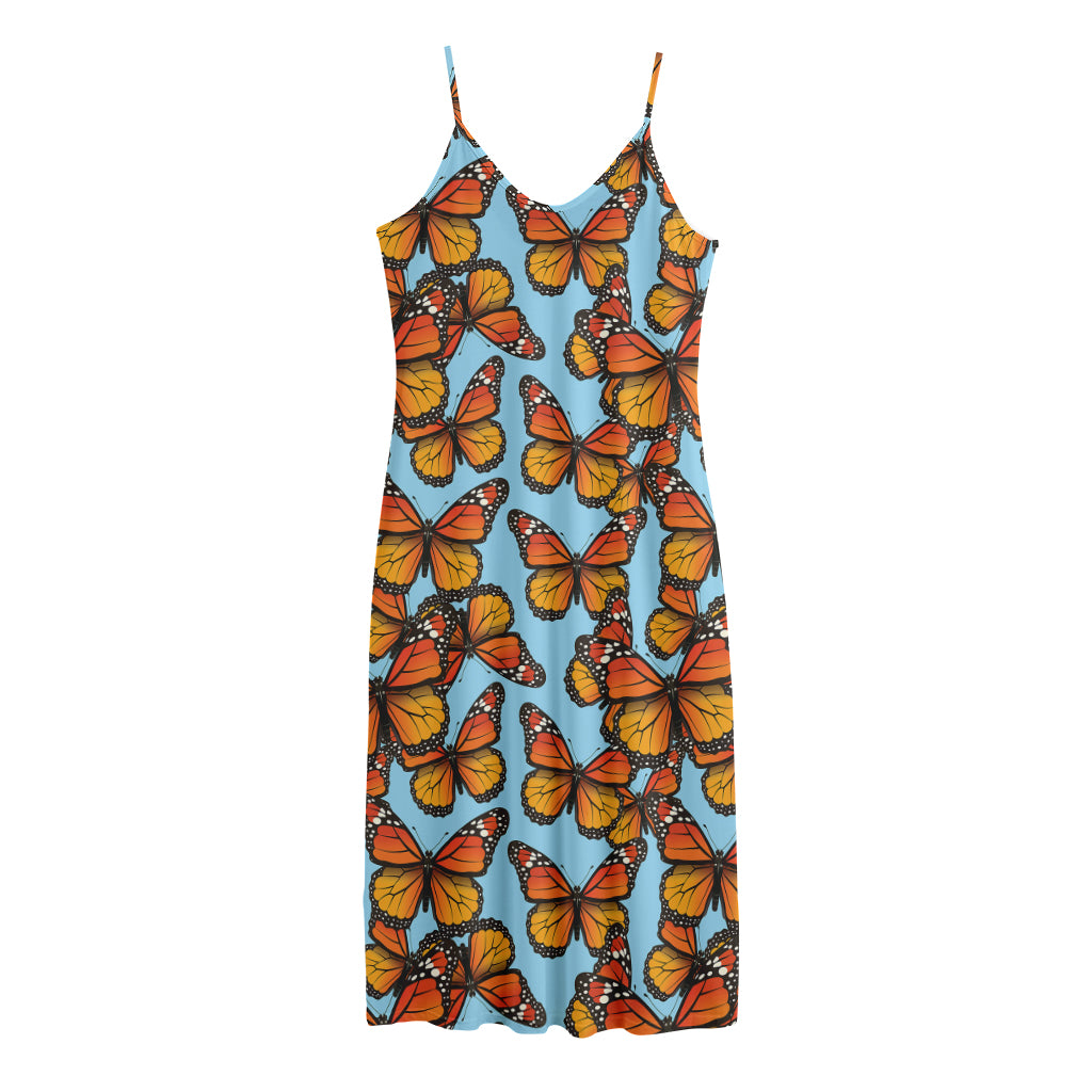 Orange Monarch Butterflies Pattern Print Jersey Midi Cami Dress