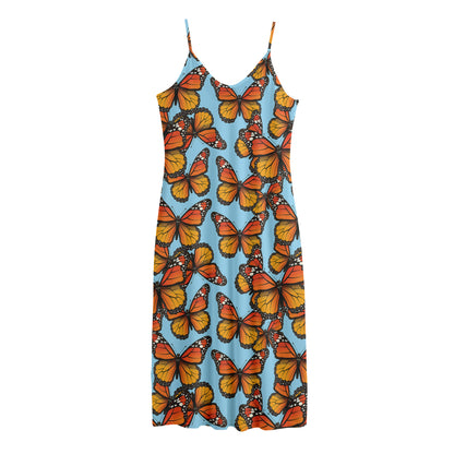 Orange Monarch Butterflies Pattern Print Jersey Midi Cami Dress