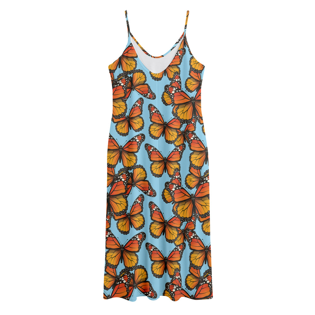 Orange Monarch Butterflies Pattern Print Jersey Midi Cami Dress