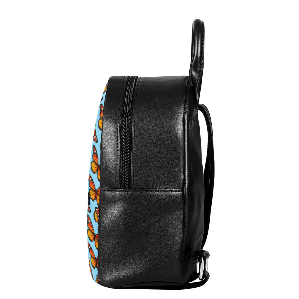 Orange Monarch Butterflies Pattern Print Leather Backpack