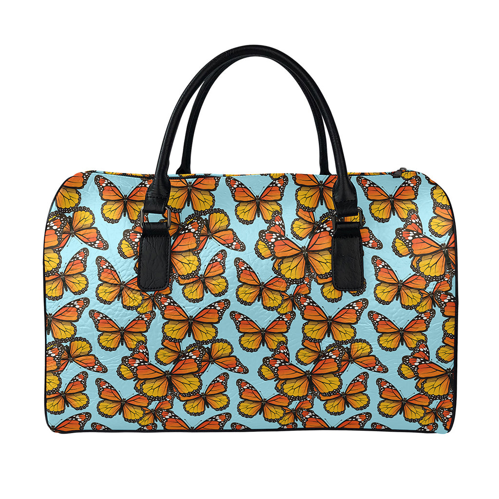 Orange Monarch Butterflies Pattern Print Leather Duffle Bag