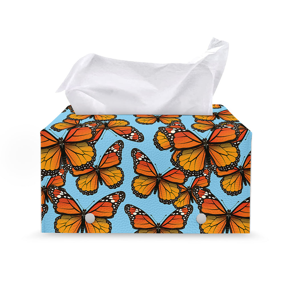 Orange Monarch Butterflies Pattern Print Leather Tissue Box Cover