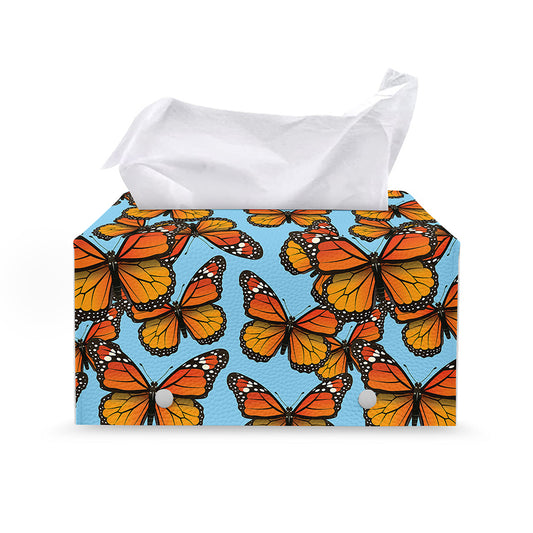 Orange Monarch Butterflies Pattern Print Leather Tissue Box Cover