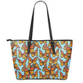 Orange Monarch Butterflies Pattern Print Leather Tote Bag With Zipper