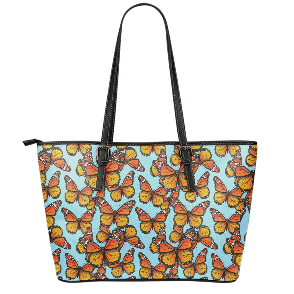 Orange Monarch Butterflies Pattern Print Leather Tote Bag
