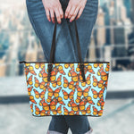 Orange Monarch Butterflies Pattern Print Leather Tote Bag
