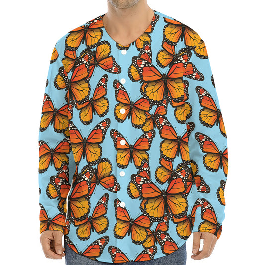 Orange Monarch Butterflies Pattern Print Long Sleeve Baseball Jersey