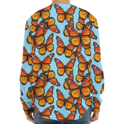Orange Monarch Butterflies Pattern Print Long Sleeve Baseball Jersey