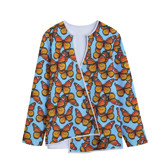Orange Monarch Butterflies Pattern Print Long Sleeve Short Coat