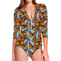Orange Monarch Butterflies Pattern Print Long Sleeve Swimsuit