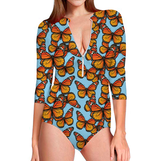 Orange Monarch Butterflies Pattern Print Long Sleeve Swimsuit