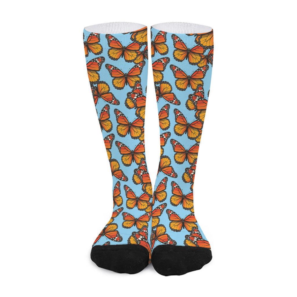 Orange Monarch Butterflies Pattern Print Long Socks