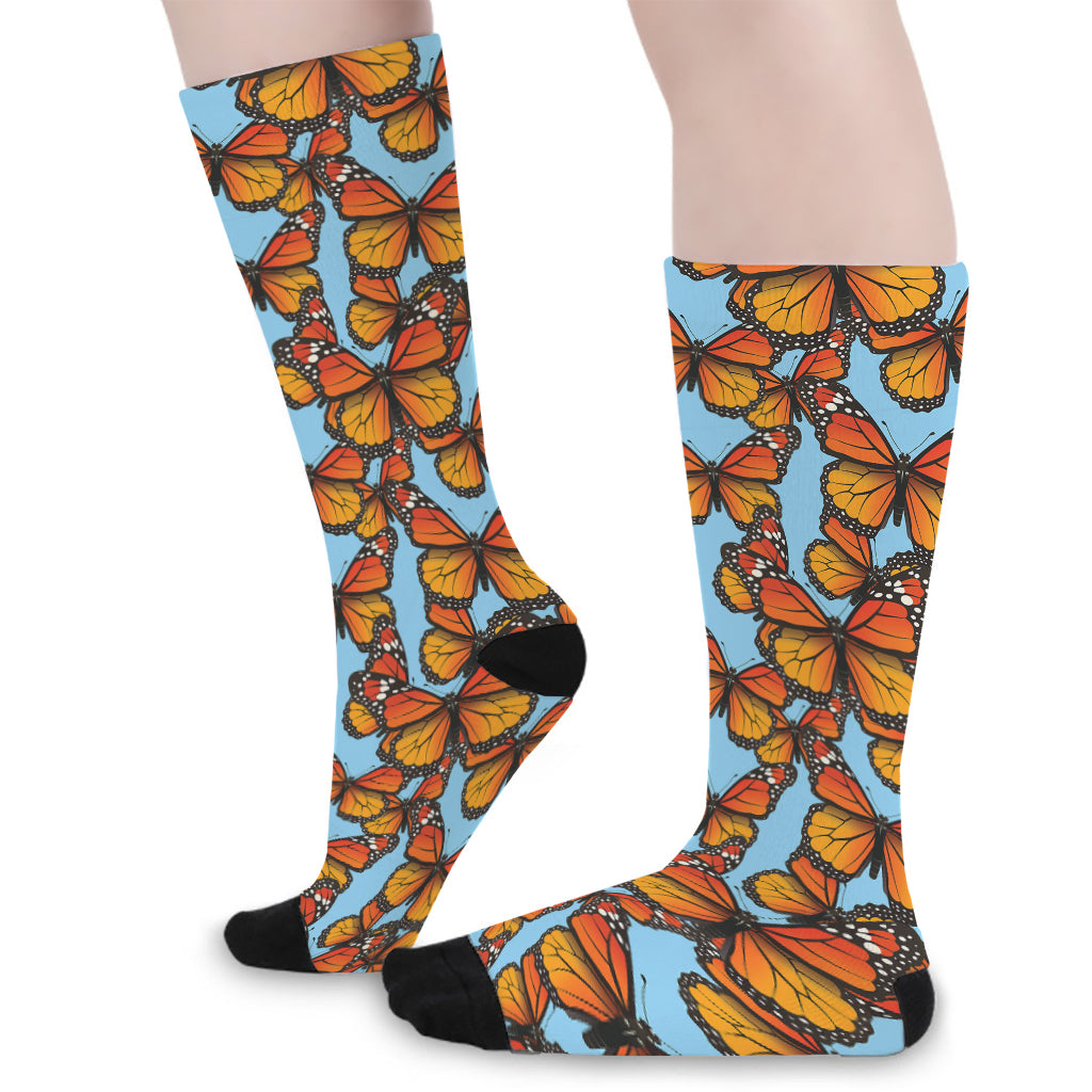 Orange Monarch Butterflies Pattern Print Long Socks