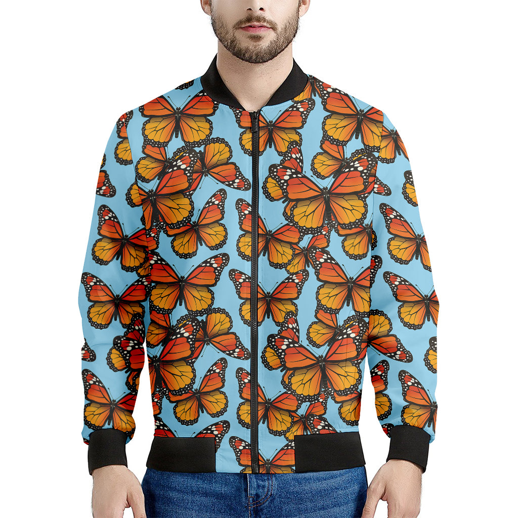 Orange Monarch Butterflies Pattern Print Men's Bomber Jacket