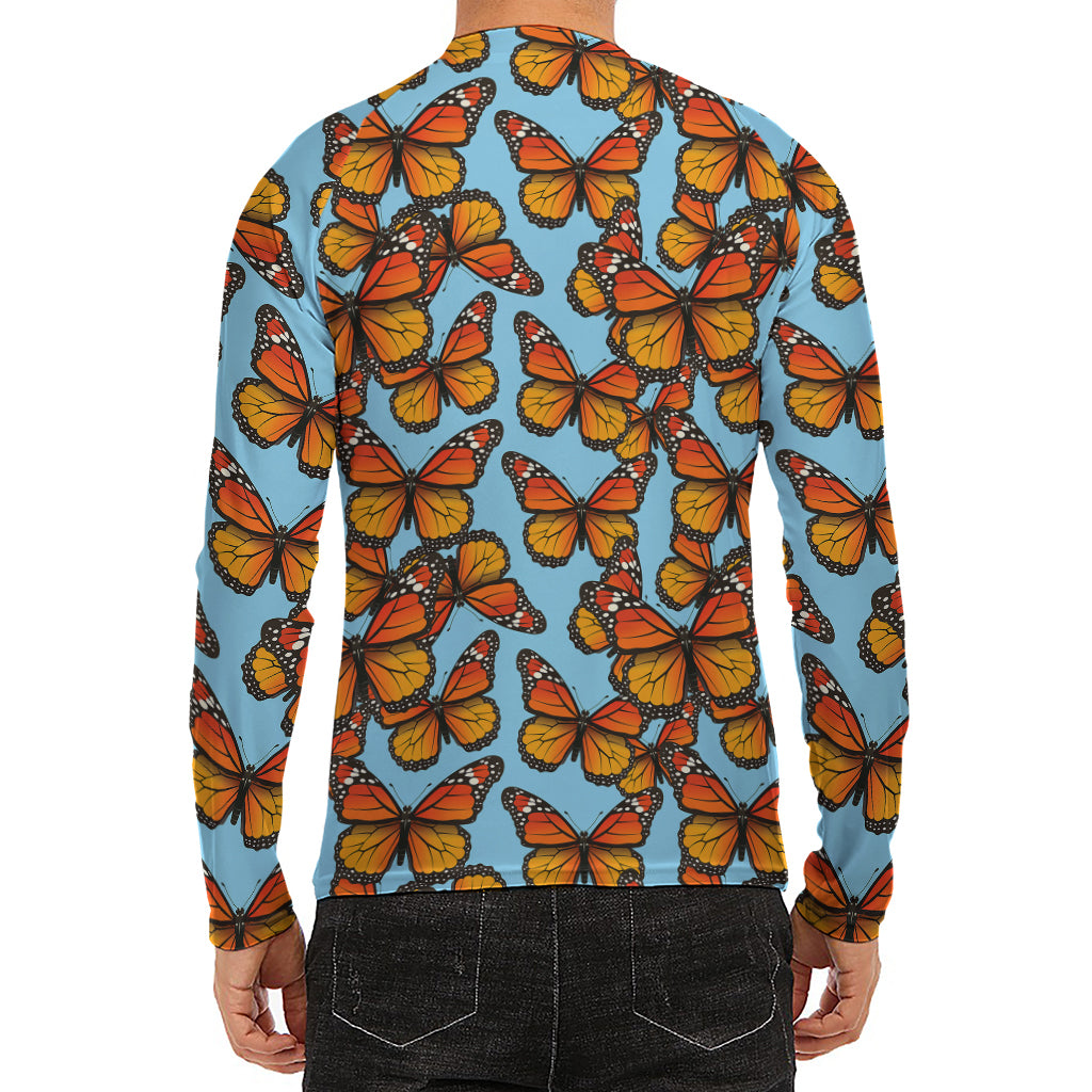 Orange Monarch Butterflies Pattern Print Men's Long Sleeve Rash Guard