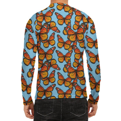 Orange Monarch Butterflies Pattern Print Men's Long Sleeve Rash Guard