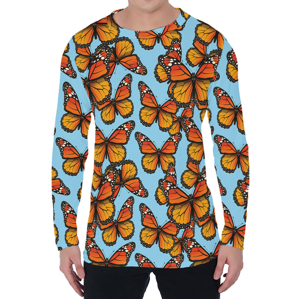 Orange Monarch Butterflies Pattern Print Men's Long Sleeve T-Shirt