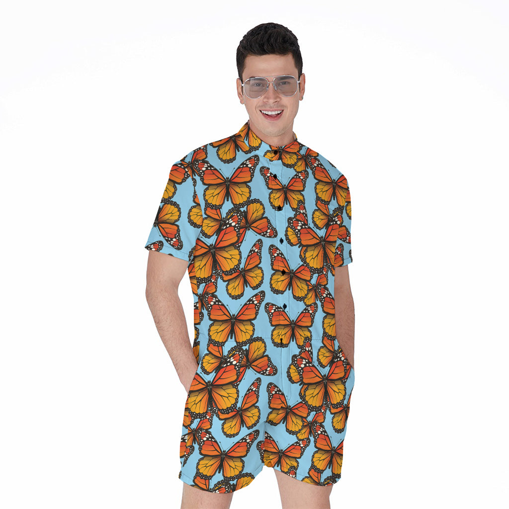 Orange Monarch Butterflies Pattern Print Men's Rompers
