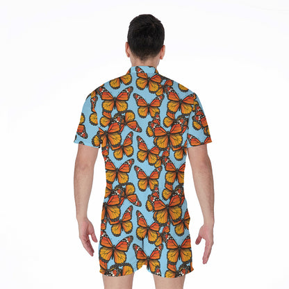 Orange Monarch Butterflies Pattern Print Men's Rompers