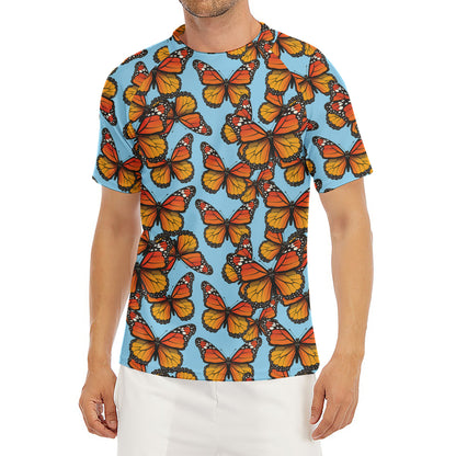 Orange Monarch Butterflies Pattern Print Men's Short Sleeve Rash Guard