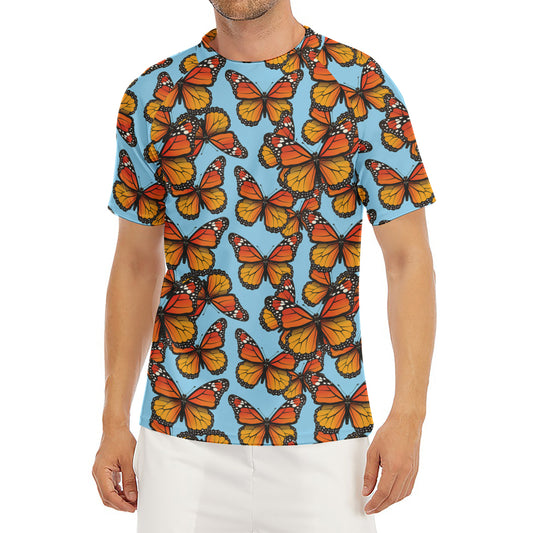 Orange Monarch Butterflies Pattern Print Men's Short Sleeve Rash Guard